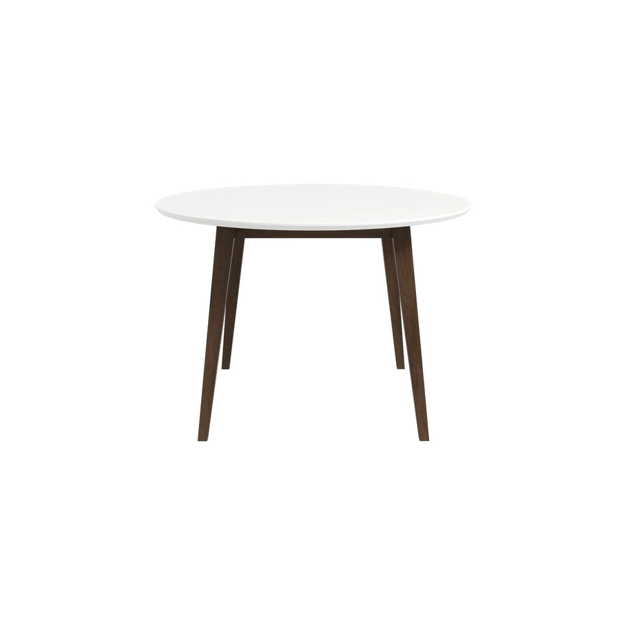 Round table with white top and dark brown legs on a white background