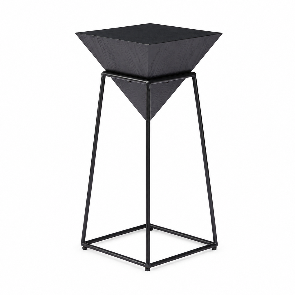 A modern black metal side table featuring a geometric, faceted square top and a slim, angled metal frame base, shown on a plain white background.