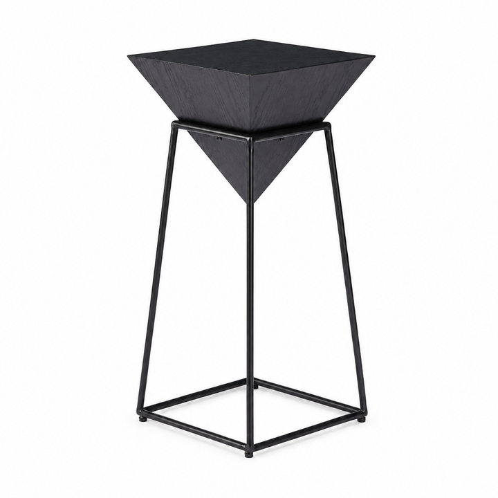 A modern black metal side table featuring a geometric, faceted square top and a slim, angled metal frame base, shown on a plain white background.