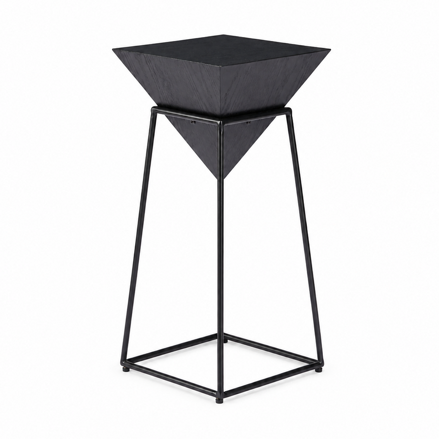 A modern black metal side table featuring a geometric, faceted square top and a slim, angled metal frame base, shown on a plain white background.
