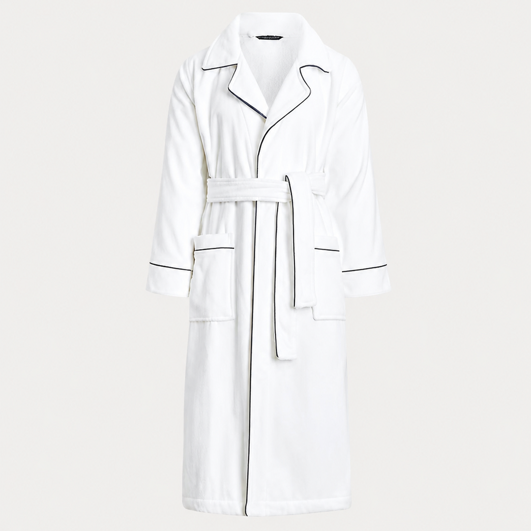 White coat with black accents on a white background 