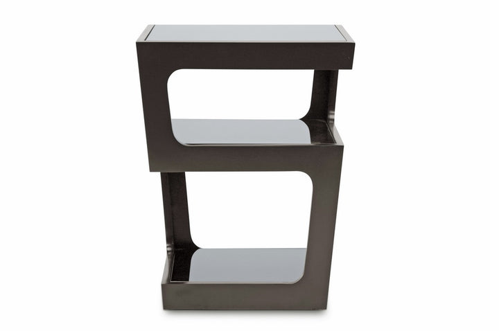 Two-tiered side table with glass shelves on a white background