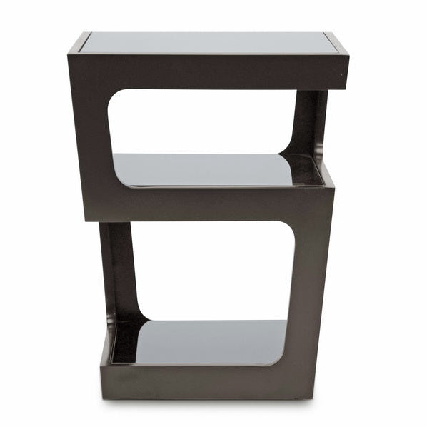 Two-tiered side table with glass shelves on a white background