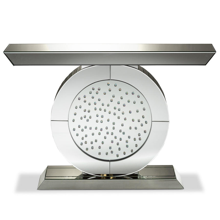 Modern shower head with circular design and metallic finish on a white background
