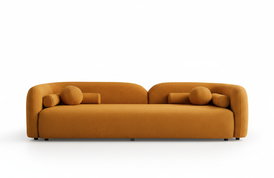 Mustard yellow sofa with decorative cushions in a minimalistic room.
