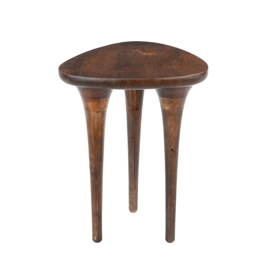 Wooden side table with a curved top on a white background