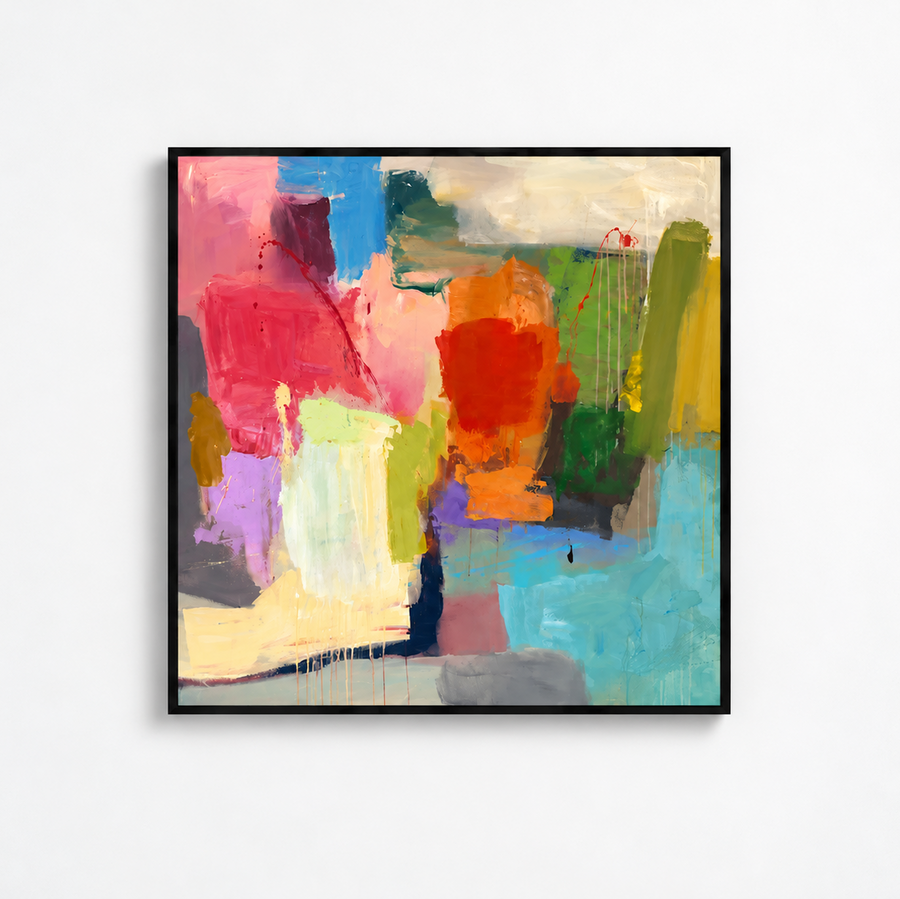 A framed abstract painting with bold, textured brushstrokes in pink, red, orange, green, blue, yellow, gray, and cream, displayed on a clean white wall. 