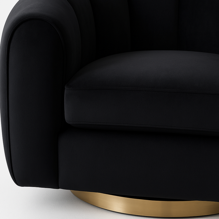 The Cosey Swivel Chair, where mid-century charm meets modern luxury. Upholstered in soft black velvet with a gold metal base, this barrel-style chair offers 360° swivel functionality and medium-firm comfort.

Crafted with a plywood frame and foam fill, it features a removable seat cushion, non-removable back, and no assembly required. Perfect for living rooms or bedrooms.