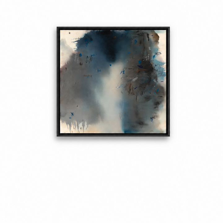 A framed abstract wall art print featuring a textured composition of dark blue, gray, black, and beige tones, presented in a thin black frame against a clean white background.