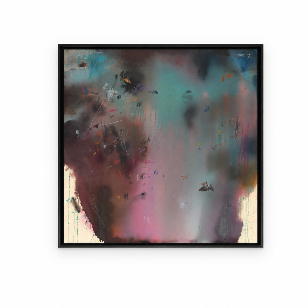 A square framed abstract art print featuring a textured, painterly composition of teal, pink, brown, black, and cream tones, presented on a clean white background. 