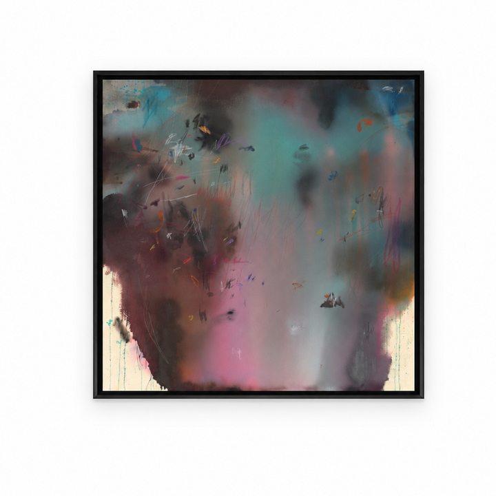 A square framed abstract art print featuring a textured, painterly composition of teal, pink, brown, black, and cream tones, presented on a clean white background. 