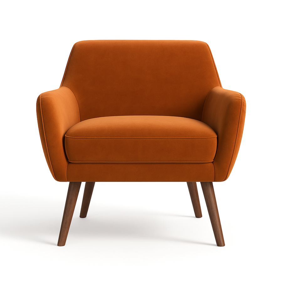 Orange armchair with wooden legs on a white background