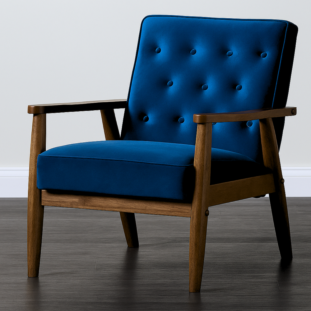 Blue armchair with wooden frame on a dark floor and light gray wall background