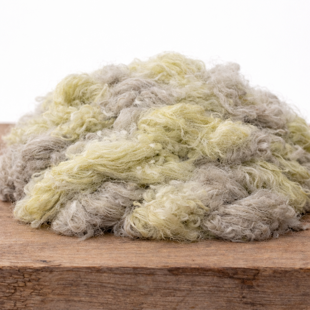 Ball of green yarn on a wooden surface with a white background