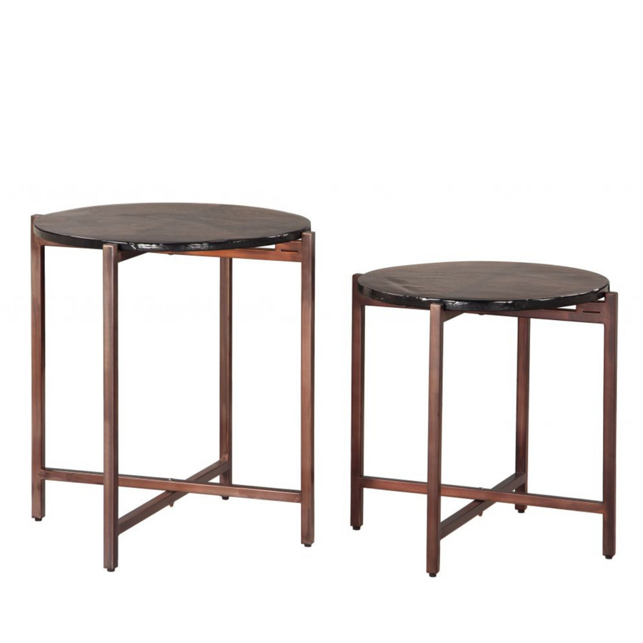 Two round side tables with dark marble tops and wooden frames on a white background