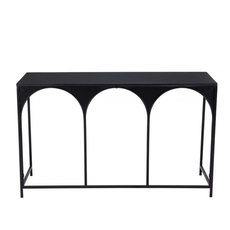Black metal console table with arched design on a white background