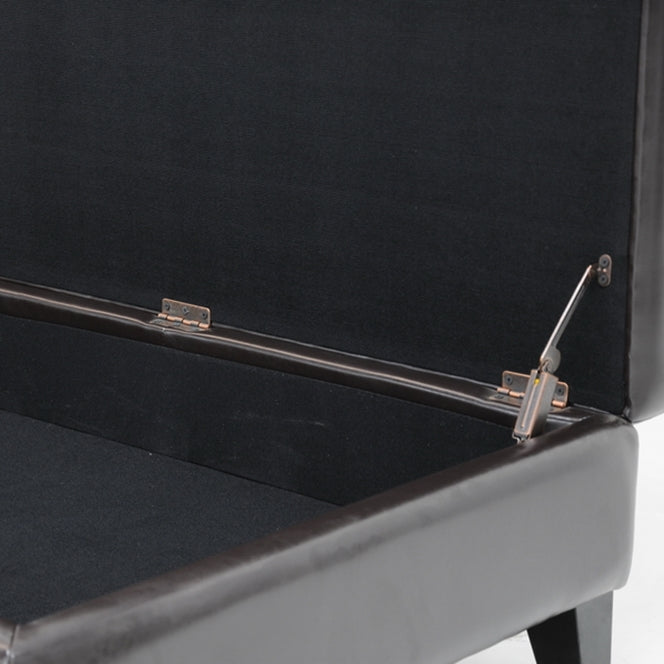 Gray storage bench with open lid showing black cushioned interior.
