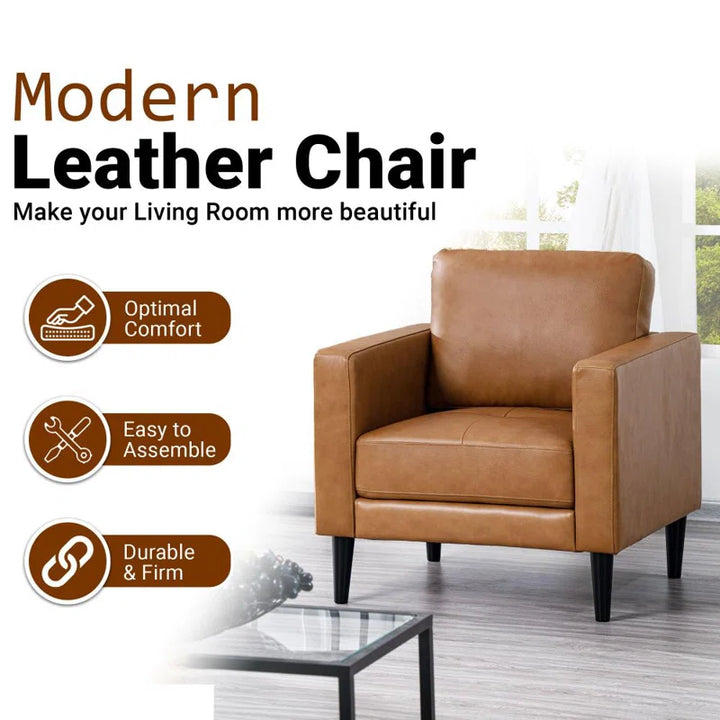 Esin Genuine Leather Upholstered Single Sofa Chair for Living Room, Mid Century Chair