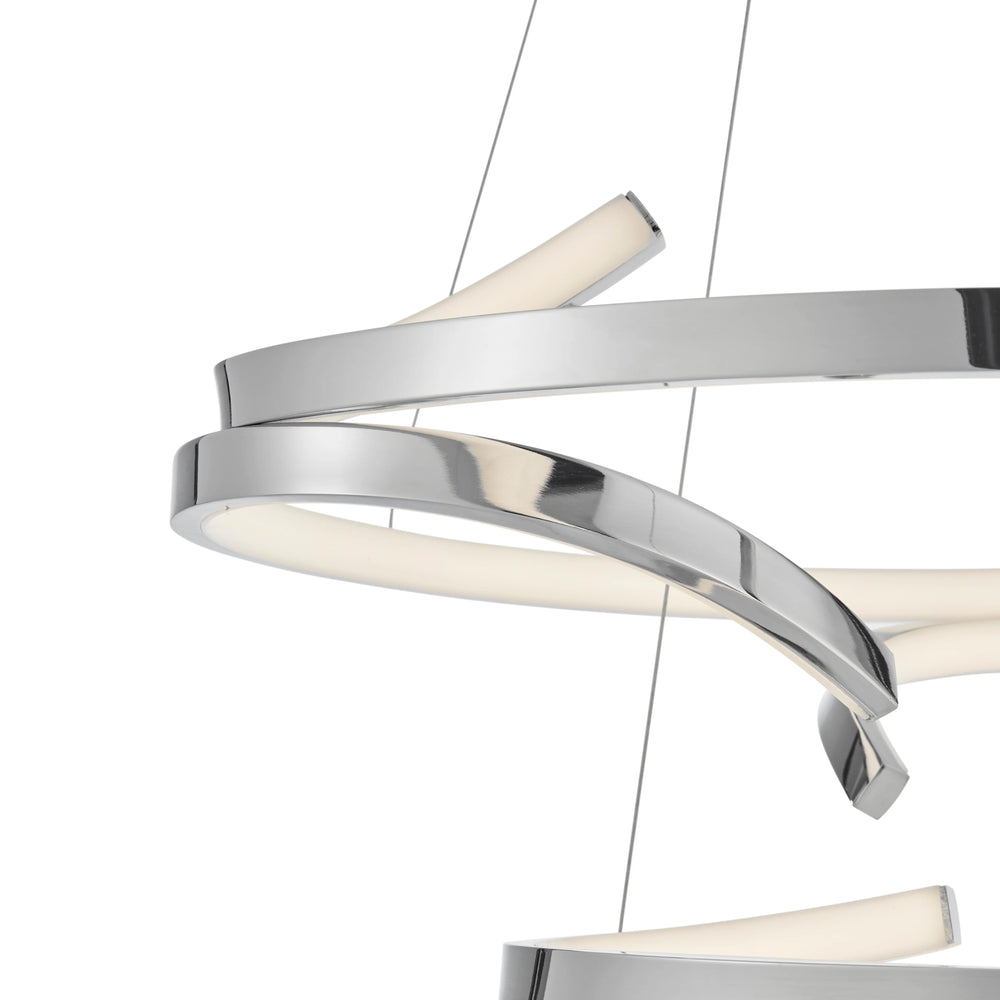Modern pendant light with chrome finish and white interior on a white background