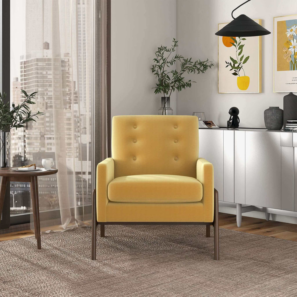 Make a statement in your living room with this mid-century-inspired Cole Mid-Century Modern lounge chair. Founded atop four walnut-finished legs, this piece is crafted with a solid wood frame and high-density foam padding, which lends comfort to the seat. Upholstered in durable, high-quality velvet, this tasteful piece features elegant square arms for convenience.