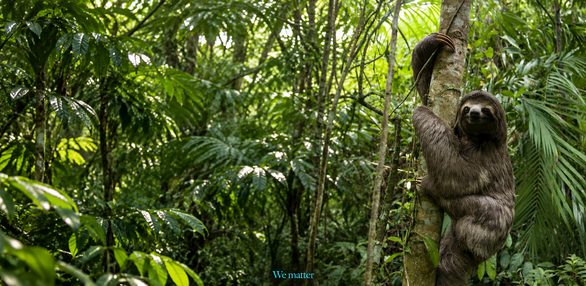 A three-toed sloth hangs from a tree trunk in a dense green rainforest canopy.