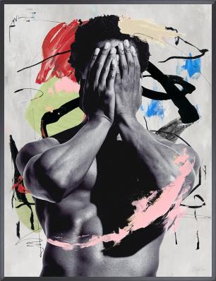 Abstract art piece with hands covering face and colorful abstract shapes