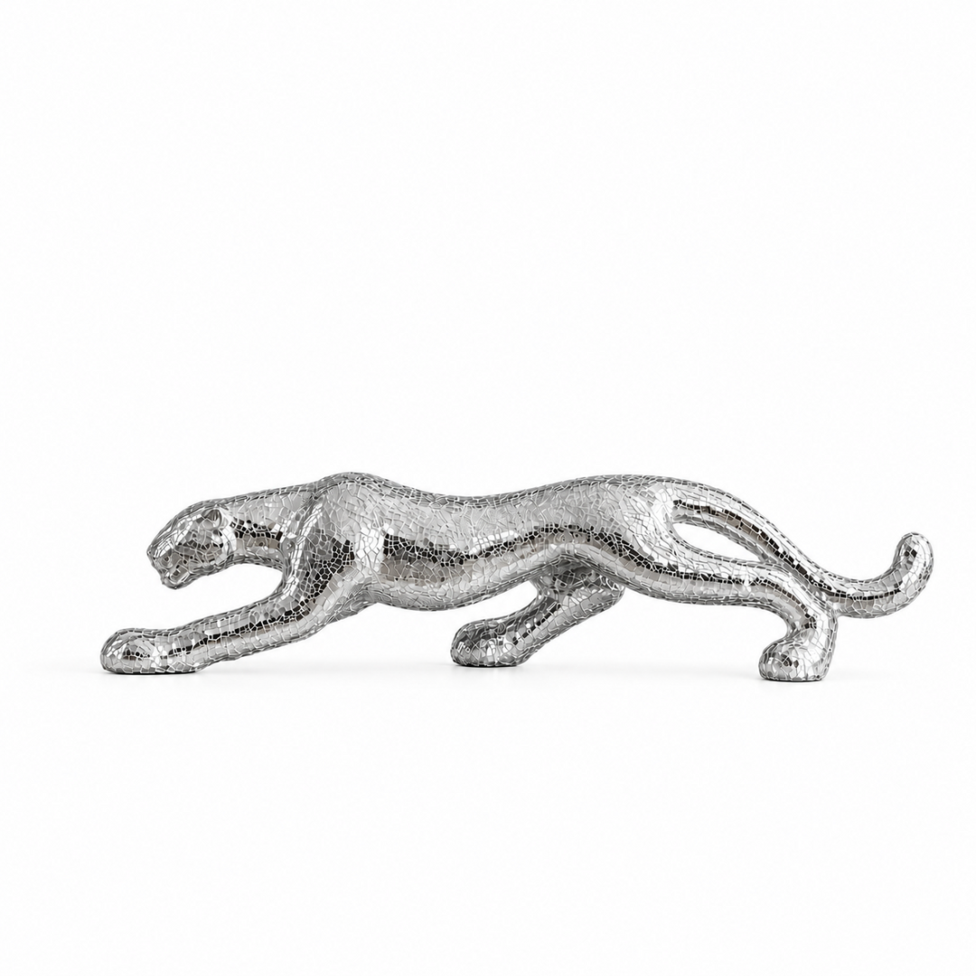Handcrafted mirrored panther sculpture made with rare, high-quality materials on a clean white background.