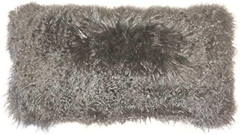 Genuine 100% Tibetan Mongolian Sheepskin Fur Throw Pillow Complete with Pillow Insert (Gray, 12X24)