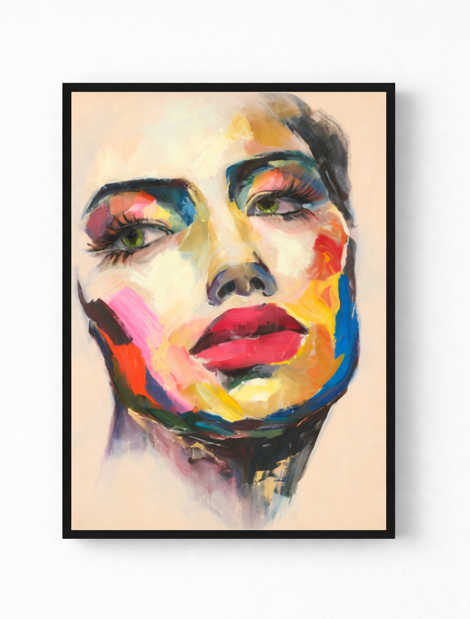 Colorful abstract painting of a woman's face in a black frame on a white wall