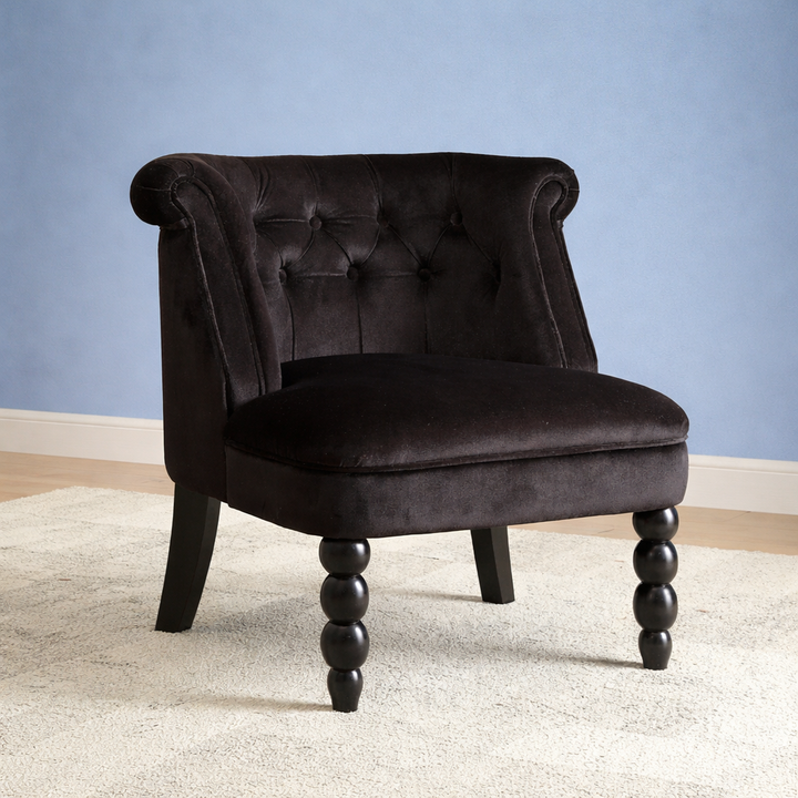 Flax Victorian  Black Velvet Fabric Upholstered Vanity Accent Chair