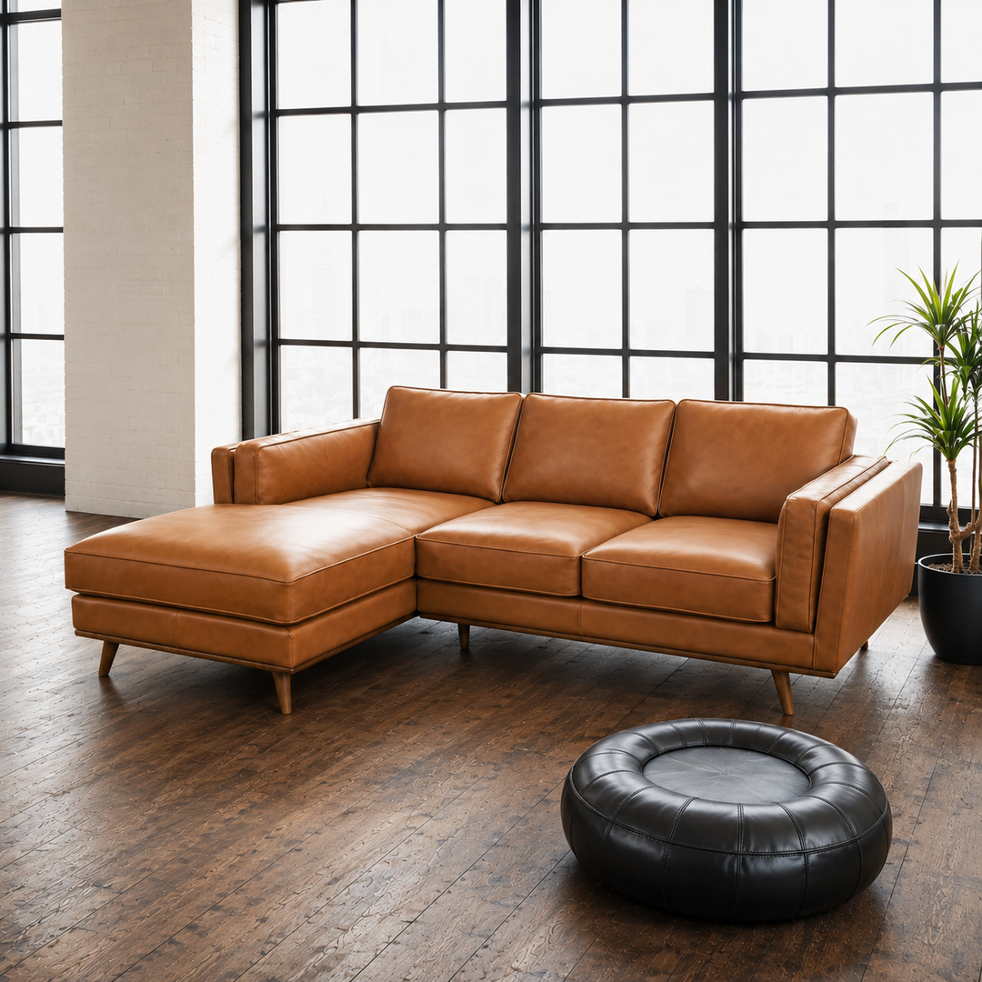 A modern sectional sofa in tan leather with a chaise lounge, styled in a loft apartment setting with dark wood floors, large black-framed windows, and a black leather round ottoman in the foreground.