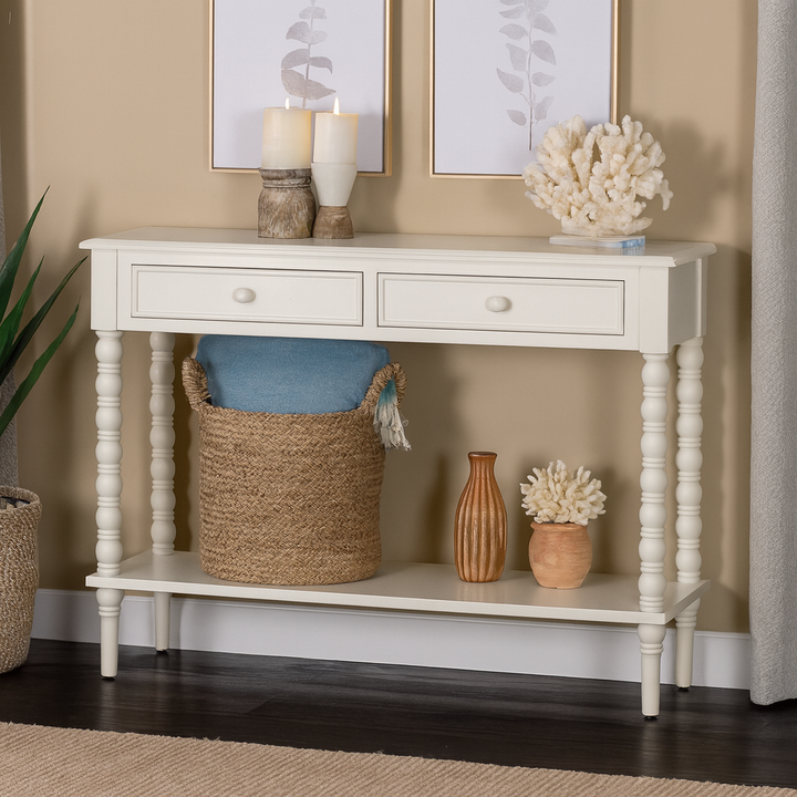 Malinda Classic White Wood 2-Drawer Console Table with Spindle Legs