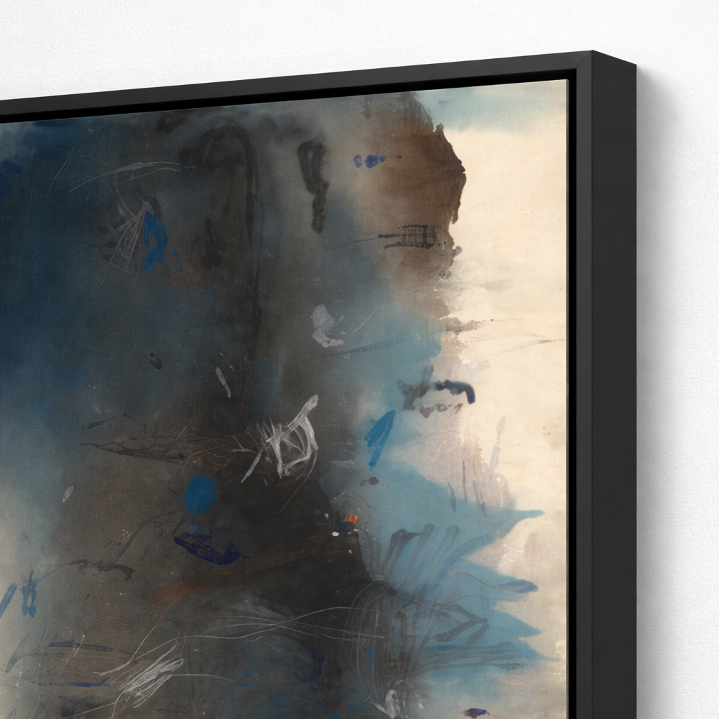 Abstract painting with blue and brown tones in a black frame.