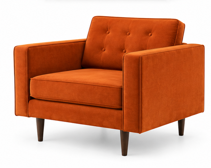 An orange upholstered armchair with a tufted backrest, square arms, and dark tapered legs, shown on a clean white background.