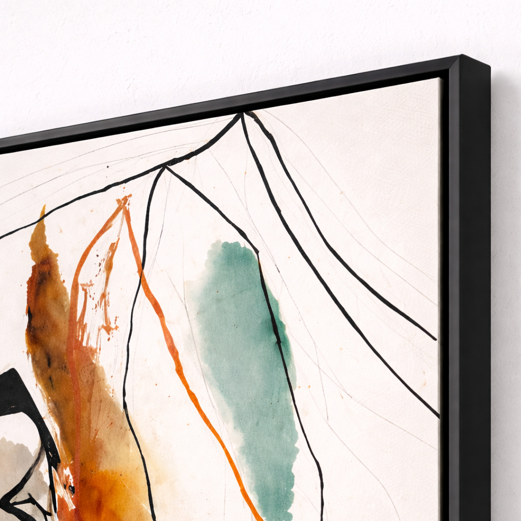 Abstract art piece with orange, green, and black colors on a white background