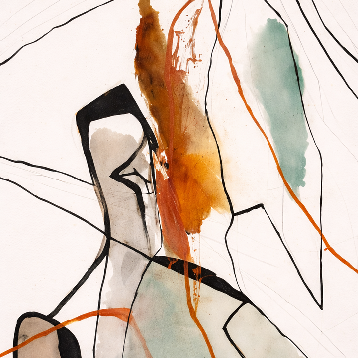 Abstract artwork with a figure in a white coat and black hat, using orange, green, and black lines on a white background.