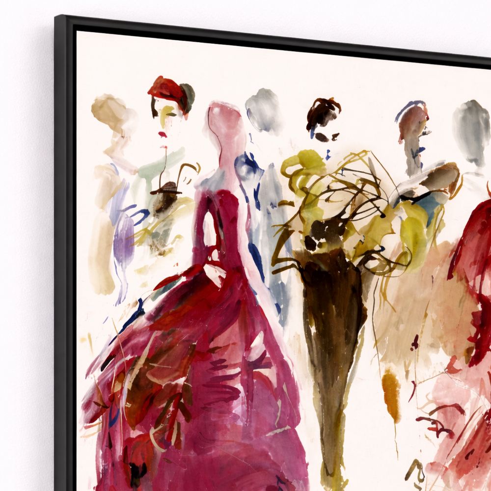 Abstract art print of stylized figures in colorful dresses on a white background