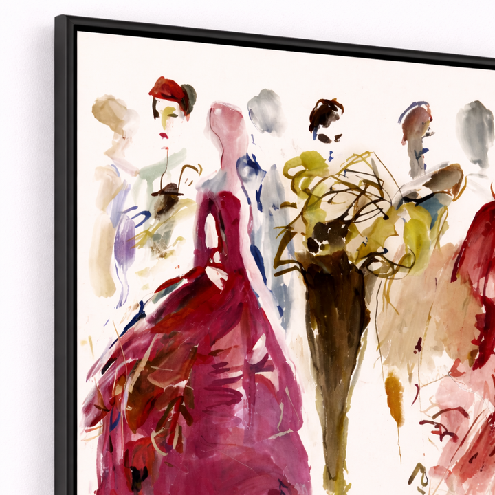 Abstract art print of stylized figures in colorful dresses on a white background