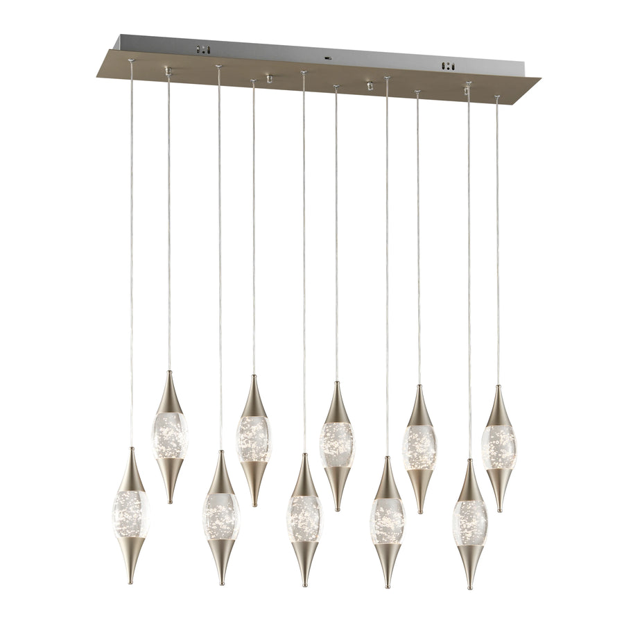Modern pendant light fixture with multiple hanging lampshades on a white background