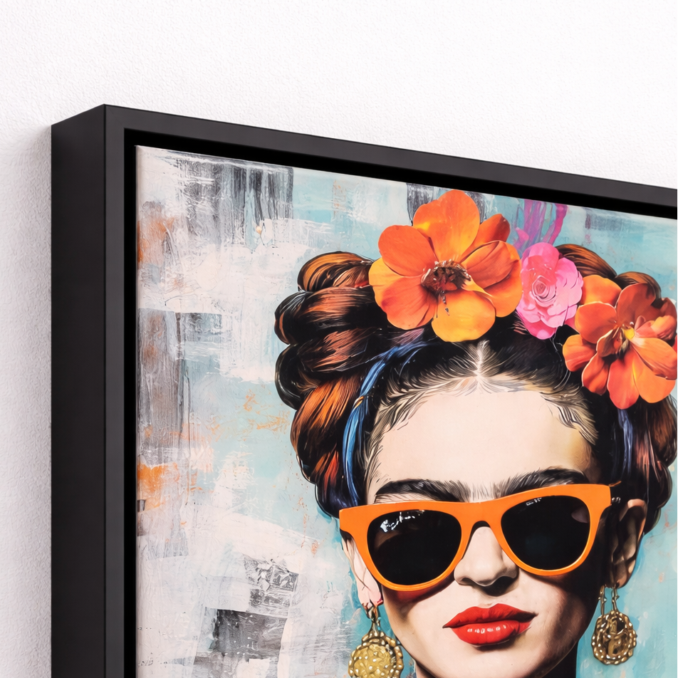 Framed artwork of a woman with flowers in her hair and orange sunglasses holding a dog.