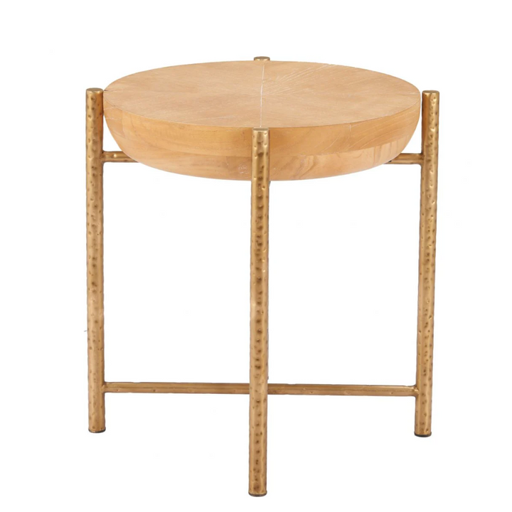 Round wooden table with a metal frame on a white background