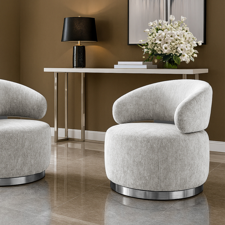 Swirl Swivel Accent Chair. Gray and Chrome
