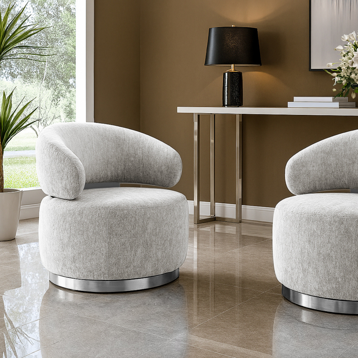 Swirl Swivel Accent Chair. Gray and Chrome