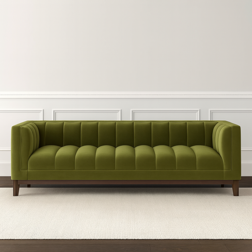 Green sofa in a room with white walls and wooden flooring
