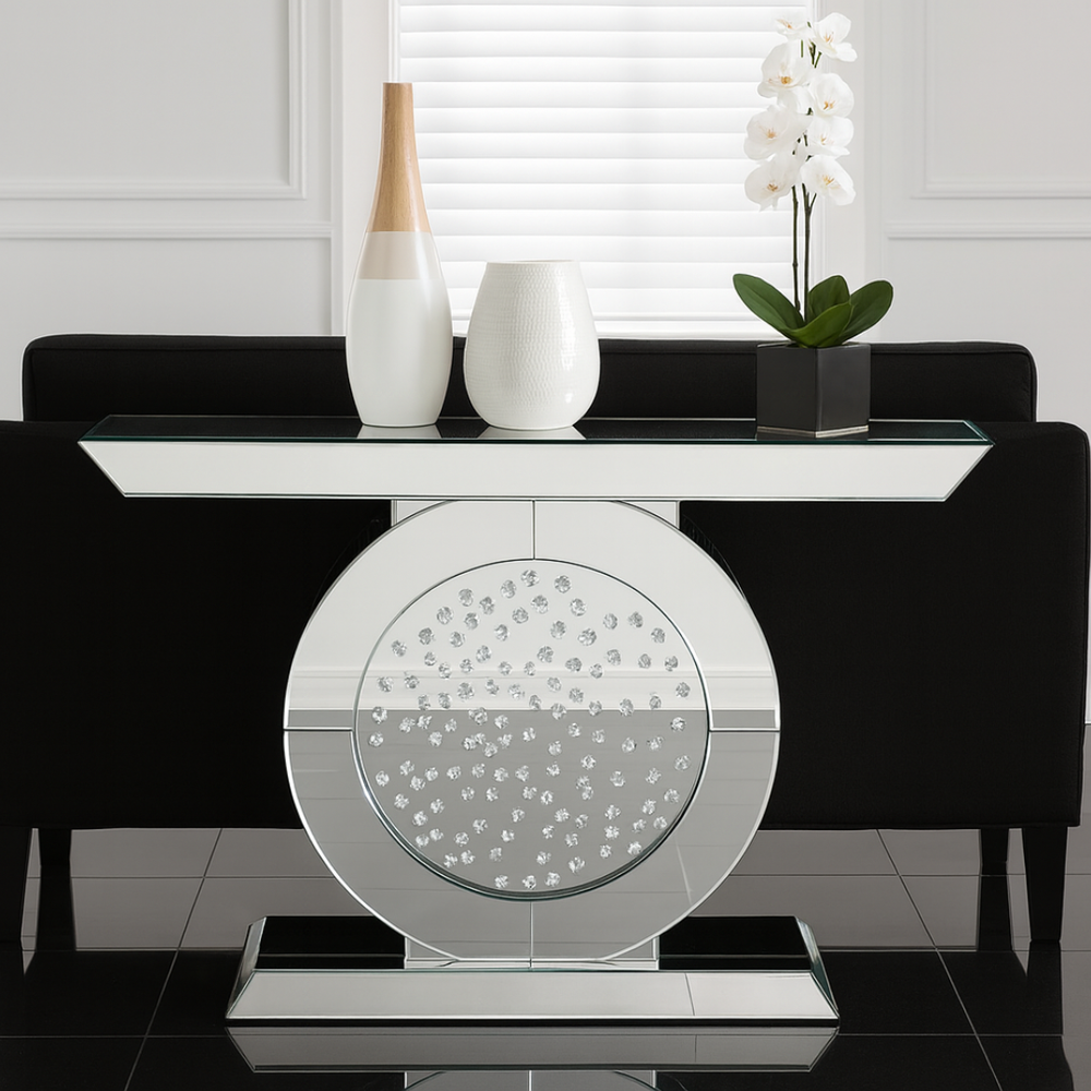 Dining table with decorative center piece in a room setting