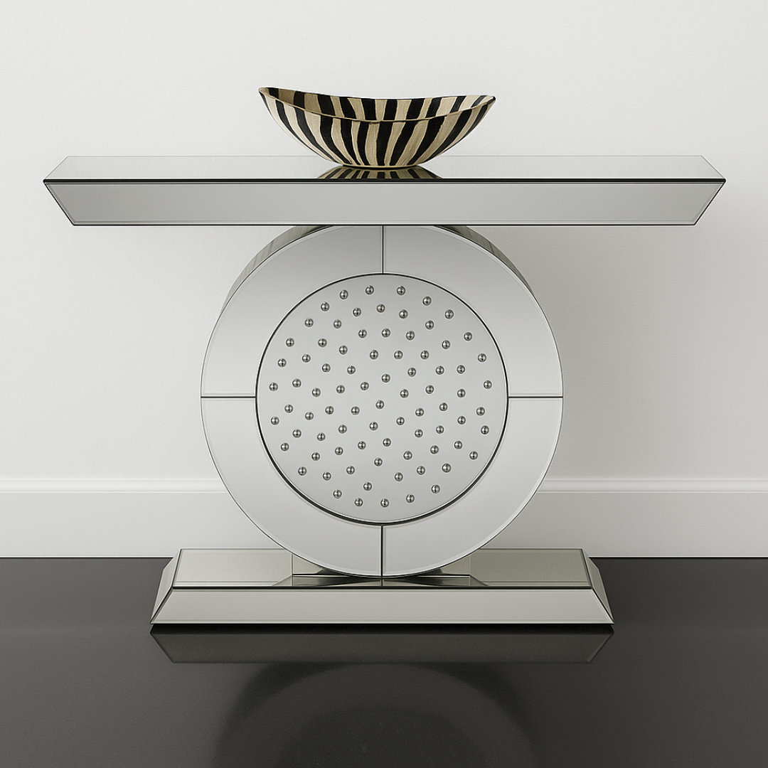 Decorative console table with a round mirror and a striped bowl on a white background