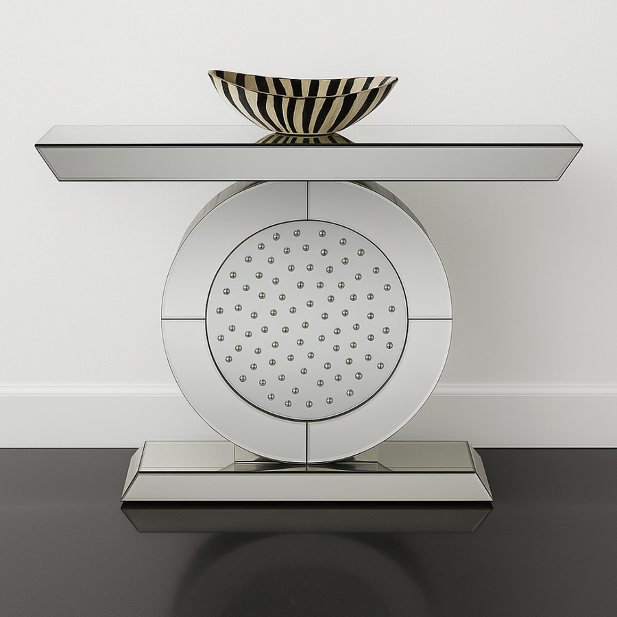 Decorative console table with a round mirror and a striped bowl on a white background