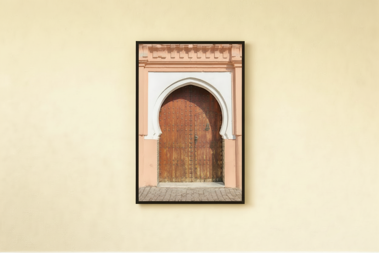 Framed photograph of a traditional archway on a beige wall