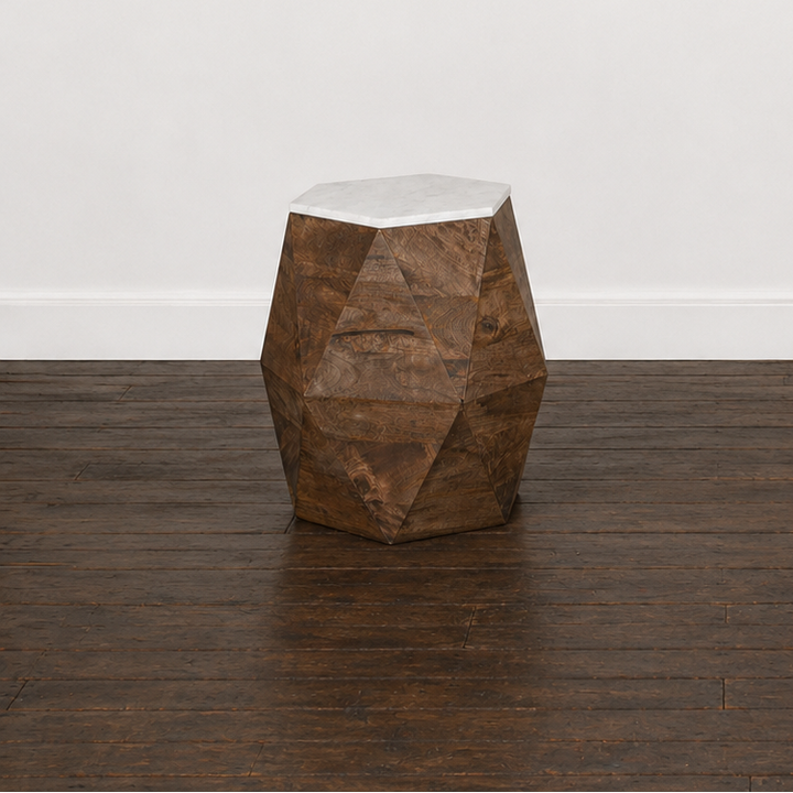 Geometric wooden stool on a dark wooden floor with a white wall background 