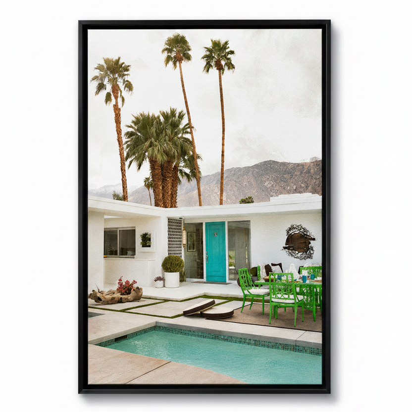 Framed photograph of a poolside scene with palm trees and a house.